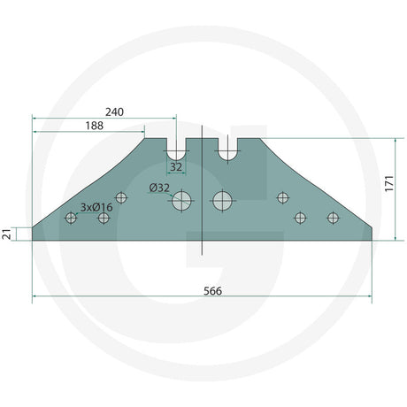 GRANIT landside tillage part - 56034 073608, teal technical drawing with mounting holes and notch details