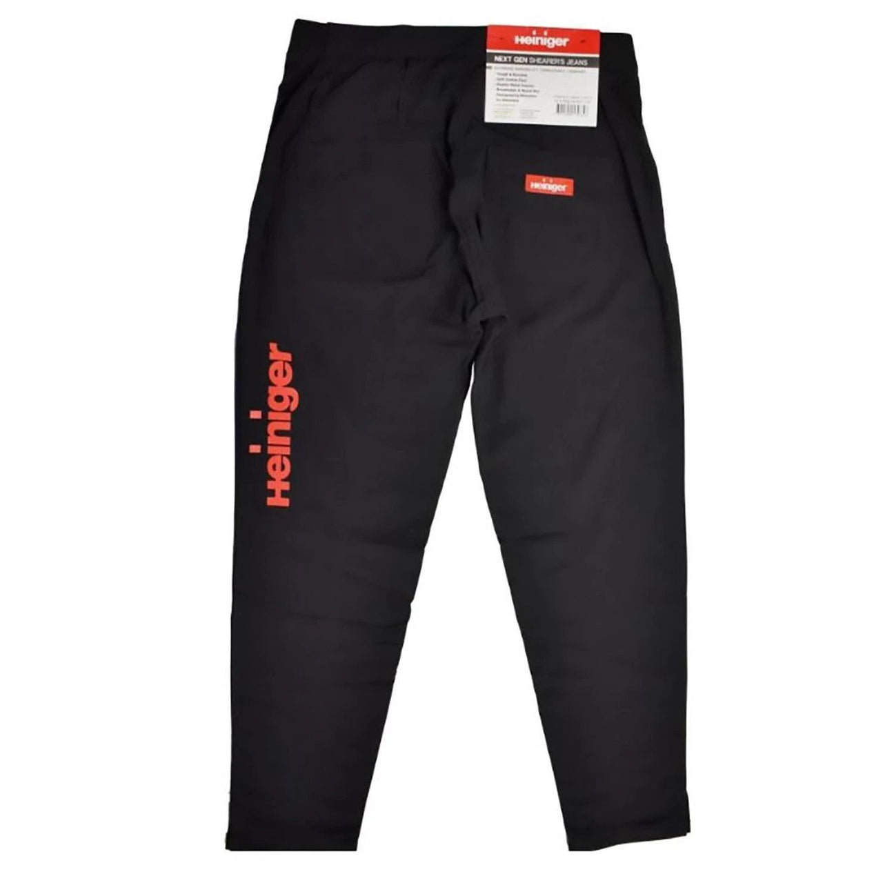 Heiniger Next Generation Jeans, black workwear denim with red Heiniger logo along left leg