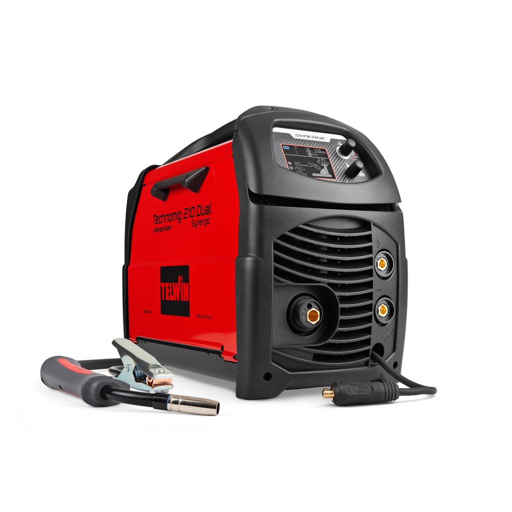 Telwin Technomig 210 Dual inverter welder, red/black unit with display and welding torch, electrode holder and clamp.