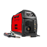 Telwin Technomig 210 Dual inverter welder, red/black unit with display and welding torch, electrode holder and clamp.