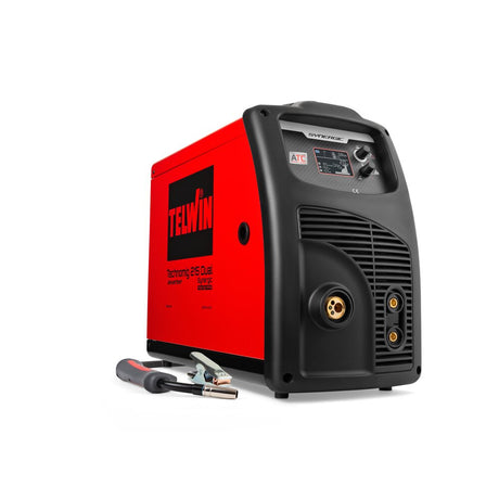 Telwin Technomig 215 Dual Synergic Welder, red and black unit with front panel controls and welding leads