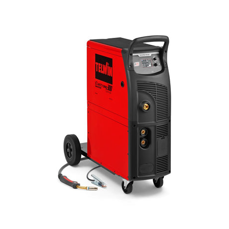 Telwin Electromig 300 synergic welder, red portable welding machine on wheels with cables