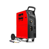 Telwin Electromig 300 synergic welder on wheels, red body with black console and welding leads