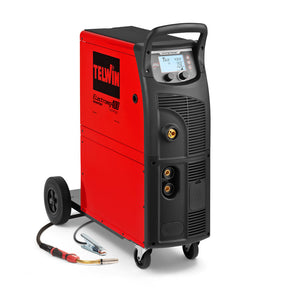 Telwin Electromig 400 synergic welder on red portable cart with handle, wheels, torch and ground clamp