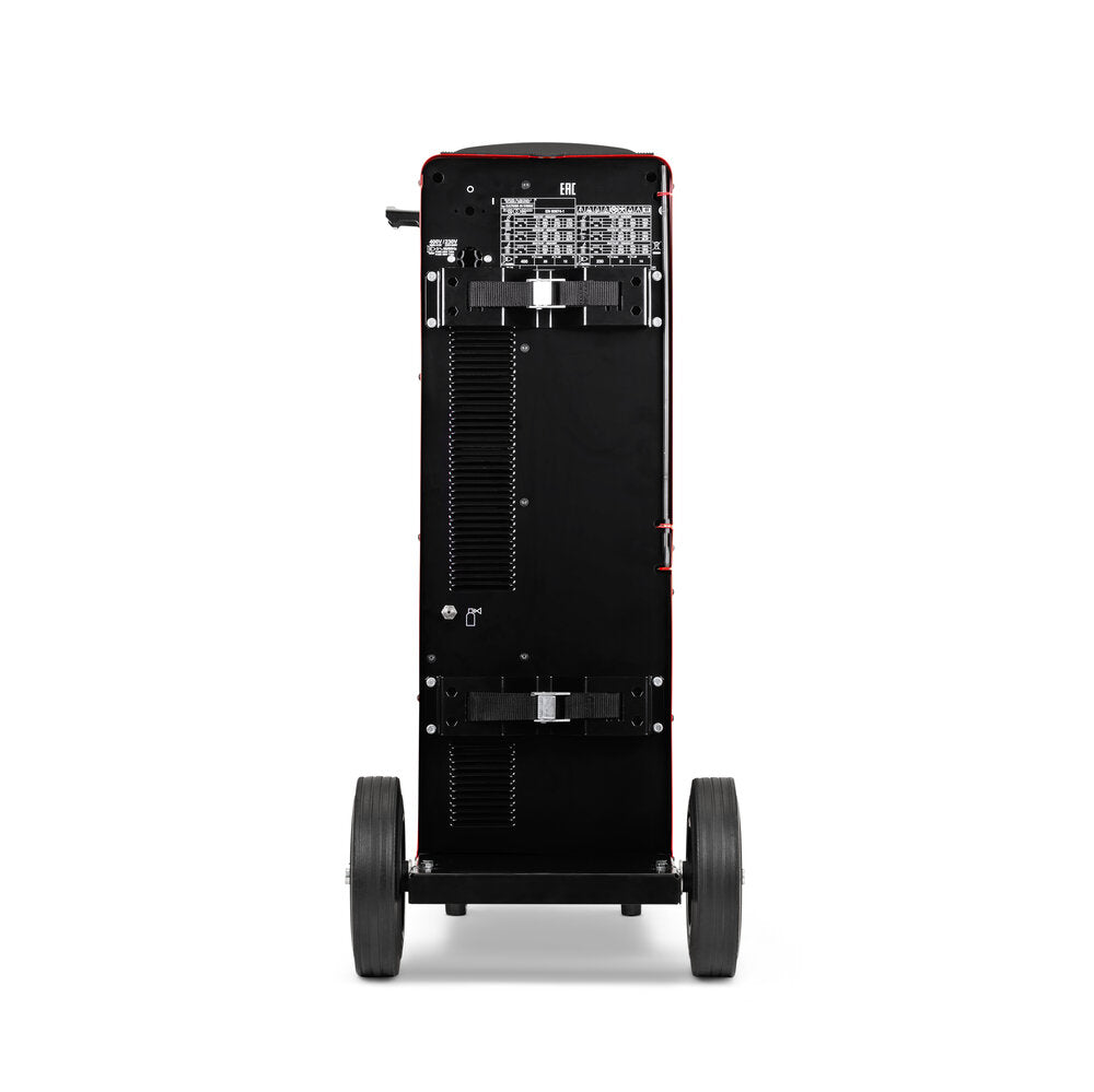 Telwin Electromig 400 Synergic Welder on a black wheeled trolley with red trim