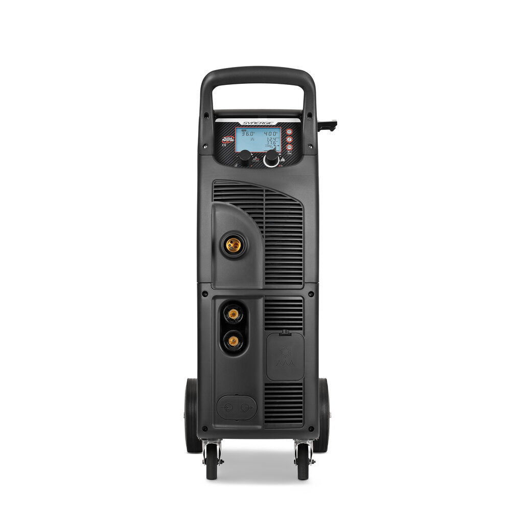 Telwin Electromig 400 synergic welder on wheels, front view with control panel and dual connectors.