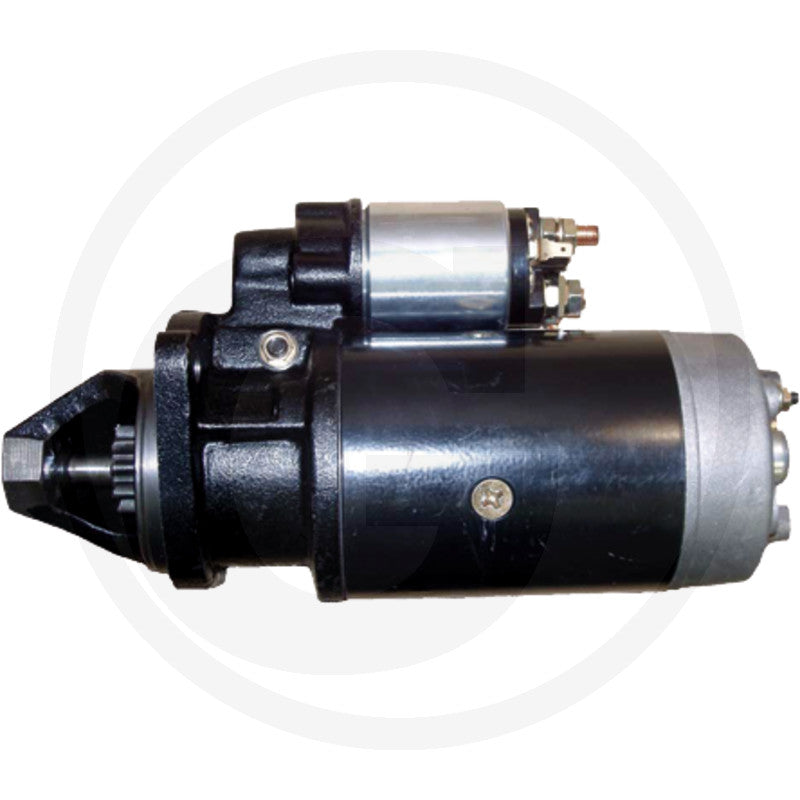 Starter motor, Prestolite brand, 24V 4kW, black body with silver end cap.
