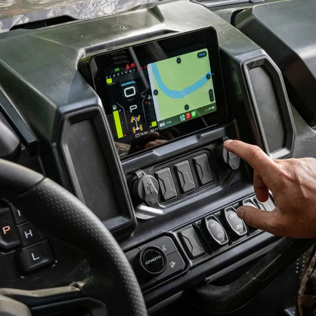 CFMOTO UFORCE U10 Pro UTV interior dashboard with touchscreen navigation and row of switches