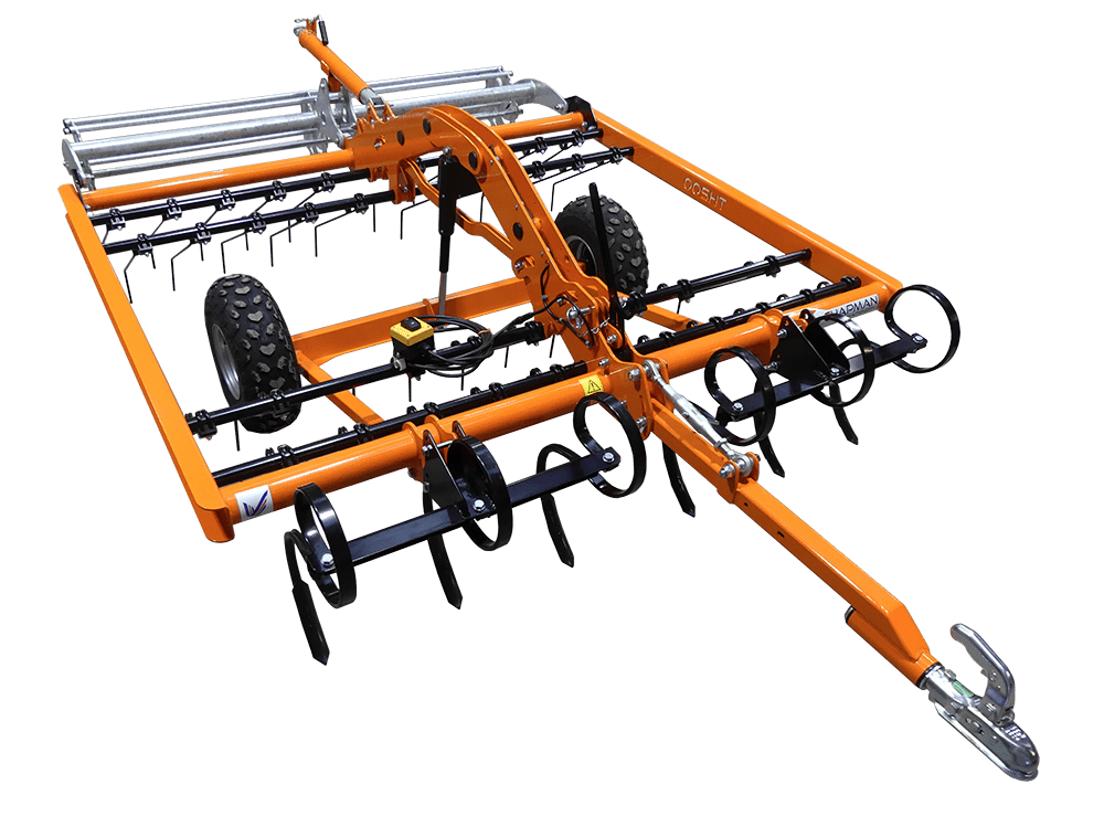 Arena Harrow Chapman AH200 on orange frame with S-tines and rear roller, 2.0m, 12V lift for ATV/UTV