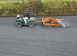 Chapman AH200 Arena Harrow attached to ATV, orange 2.0m S-tine harrow with rear roller