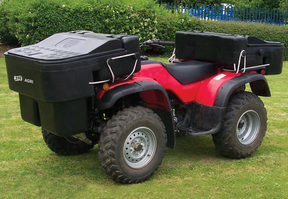 ATV Carrier Box 200L rear-mount by JFC Agri on a red ATV with two storage boxes; lid sold separately