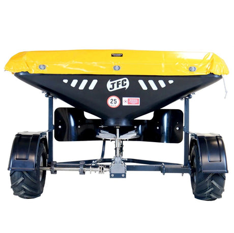 ATV fertiliser spreader by JFC Agri with yellow hopper on a black wheeled cart