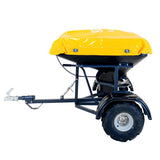 Spreader by JFC Agri for ATV fertiliser with a yellow cover and blue frame.