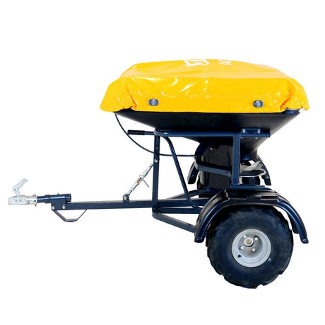 Spreader by JFC Agri for ATV fertiliser with a yellow cover and blue frame.