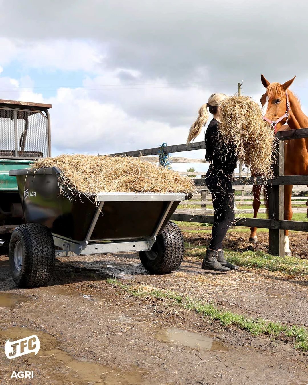 JFC Agri ATV Tip Assist Trailer in black with gas-strut tipping, 500kg capacity; loaded with hay.