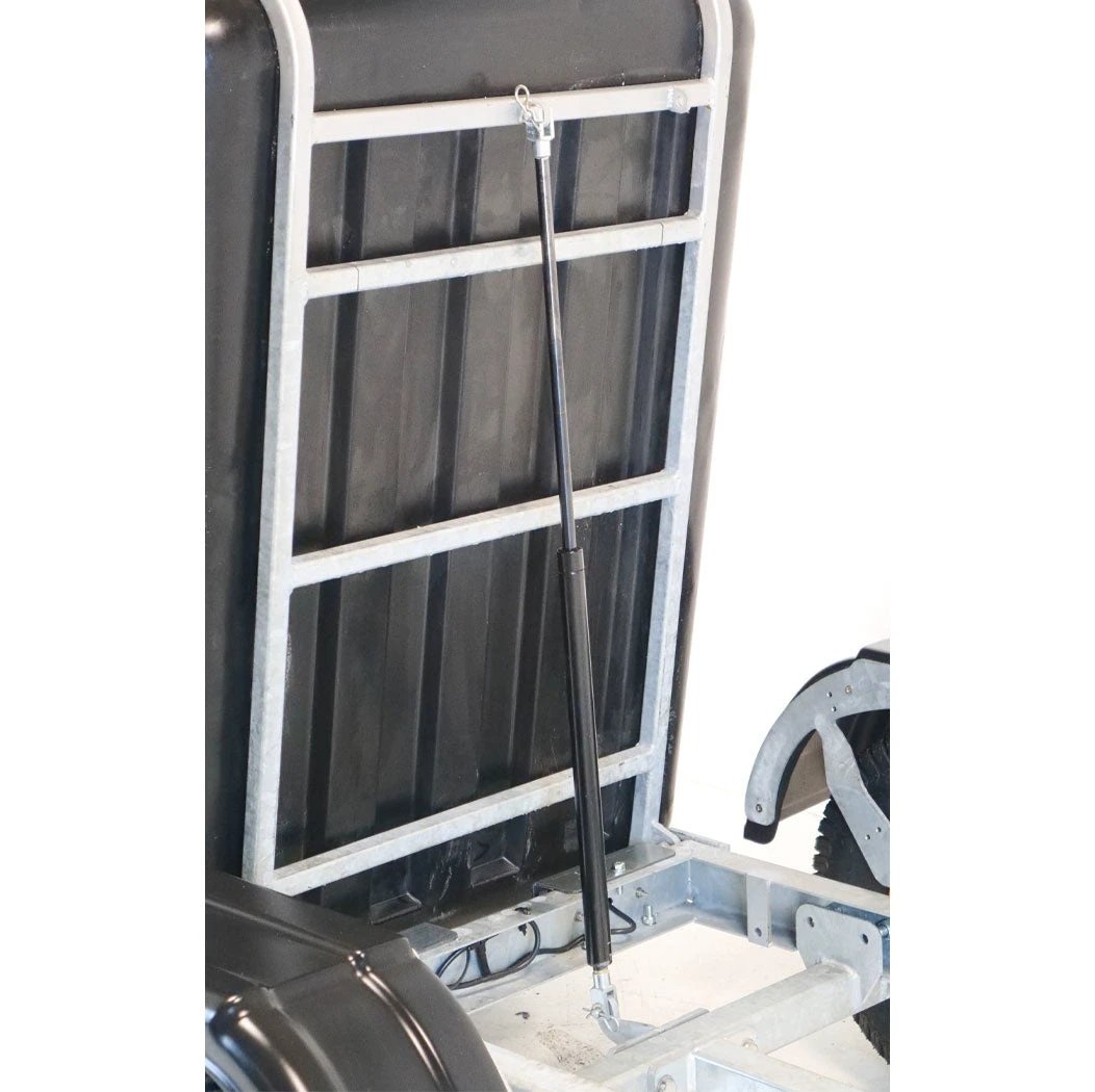JFC Agri ATV tip-assist trailer with gas strut, black bed, mudguard and visible wheel