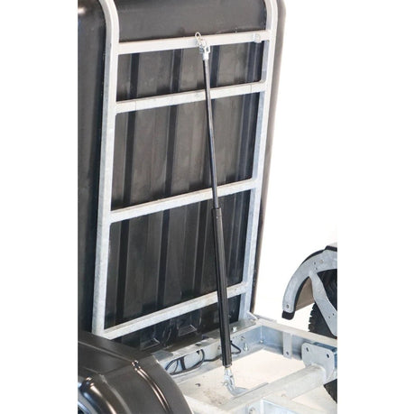 JFC Agri ATV tip-assist trailer with gas strut, black bed, mudguard and visible wheel
