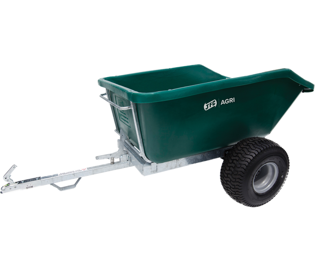 JFC Agri ATV tipping trailer 500L, green with galvanised frame.