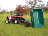 JFC Agri ATV tipping trailer, 500L, green with galvanised frame, hitched to red ATV