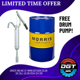 Engine oil drum, 205L Morris Lubricants Versimax HD4 15W-40 with blue/yellow drum and free pump.
