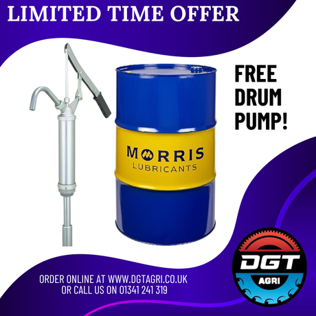 Engine oil drum, 205L Morris Lubricants Versimax HD4 15W-40 with blue/yellow drum and free pump.