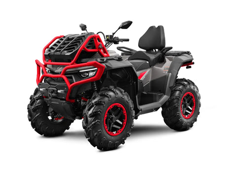 CFMOTO CForce 1000 MV ATV with gray body, red protective bumper bars, and rugged mud tires.