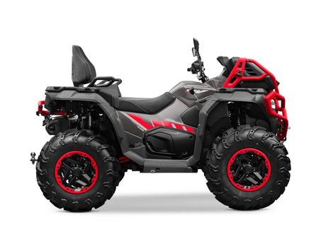 CFMOTO CForce 1000 MV ATV in granite gray with red chassis and red-rimmed mud tires