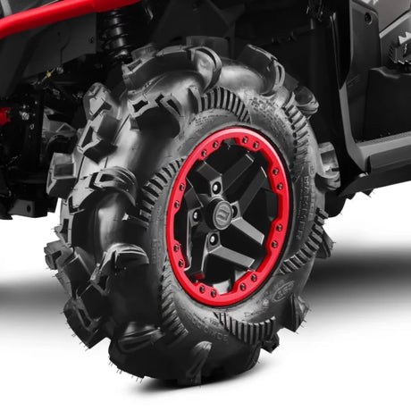 CFMOTO CForce 1000 MV ATV wheel and mud tire with red rim accents