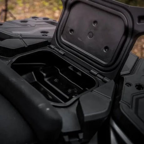 CFMOTO CForce 1000 MV ATV center storage compartment lid open in black