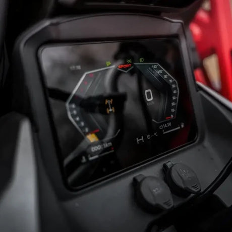 CFMOTO CForce 1000 MV ATV dashboard view; black cockpit with digital gauge, 0 mph, Granite Ridge.