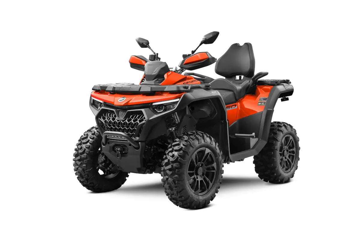 CFMOTO CForce 850 Touring Lava Orange ATV with two-up seat and front winch.