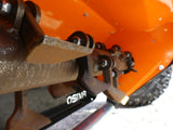 Chapman FM Pro ATV Flail Mower attachment, orange housing with rusted steel blade assembly and drive linkage
