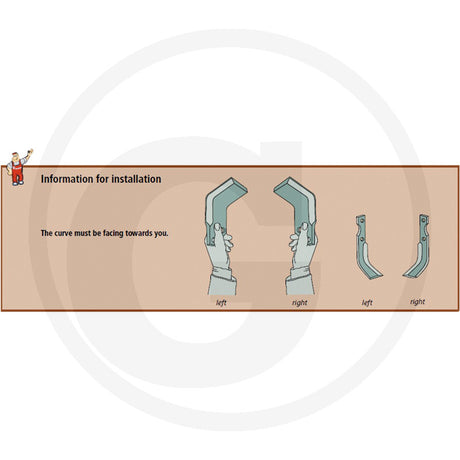 Curved blade GRANIT 180HOW-08L anticlockwise; tillage parts installation diagram showing left and right blades.