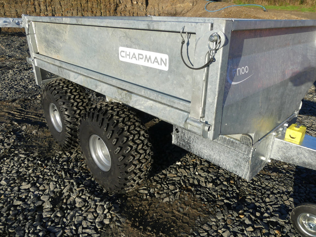 Chapman FT100 flatbed tipping trailer, electric tip, galvanized steel body with dual ATV tires