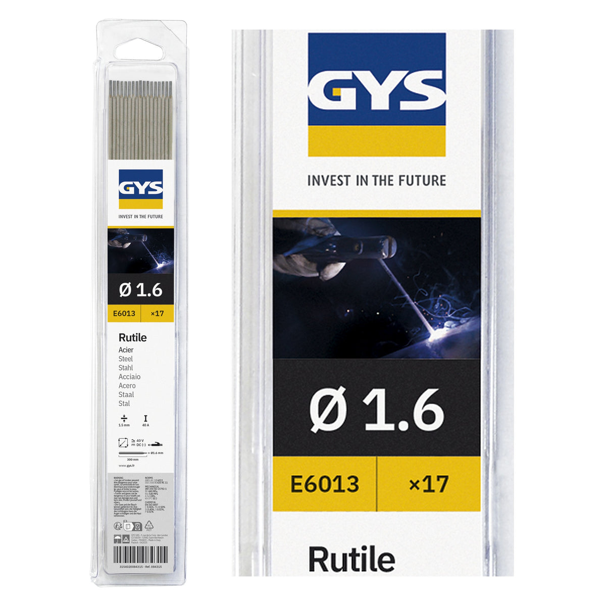 Welding electrodes E6013 by GYS, rutile type, 1.6 mm diameter, 17-pack blister pack for welding