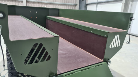Chapman HT100 ATV Utility Trailer in NATO Green with wood deck, 850kg payload, twin pivoting axle.