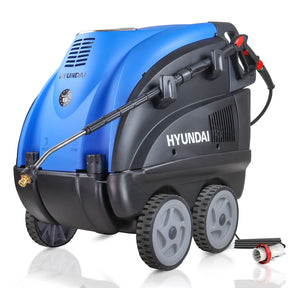 Hyundai pressure washer HY210HPW-3, blue and black hot-water electric unit on wheels