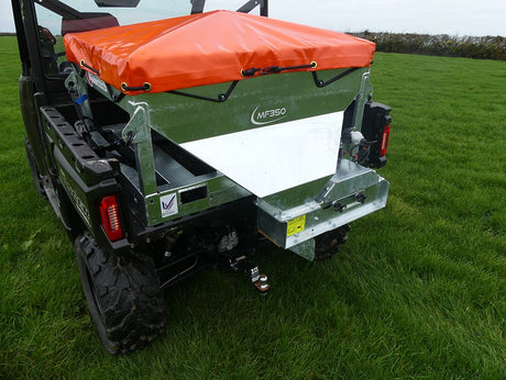 Chapman MF350 UTV-Mounted Stock Feeder with orange cover and green metal hopper