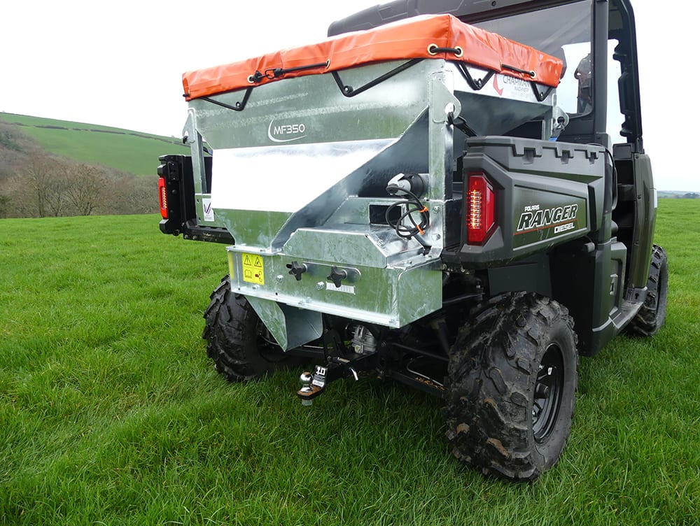 Chapman MF350 UTV mounted stock feeder, 300L, electric drive, digital counter, on a Polaris Ranger Diesel.