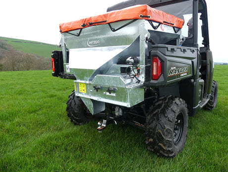 Chapman MF350 UTV mounted stock feeder, 300L, electric drive, digital counter, on a Polaris Ranger Diesel.