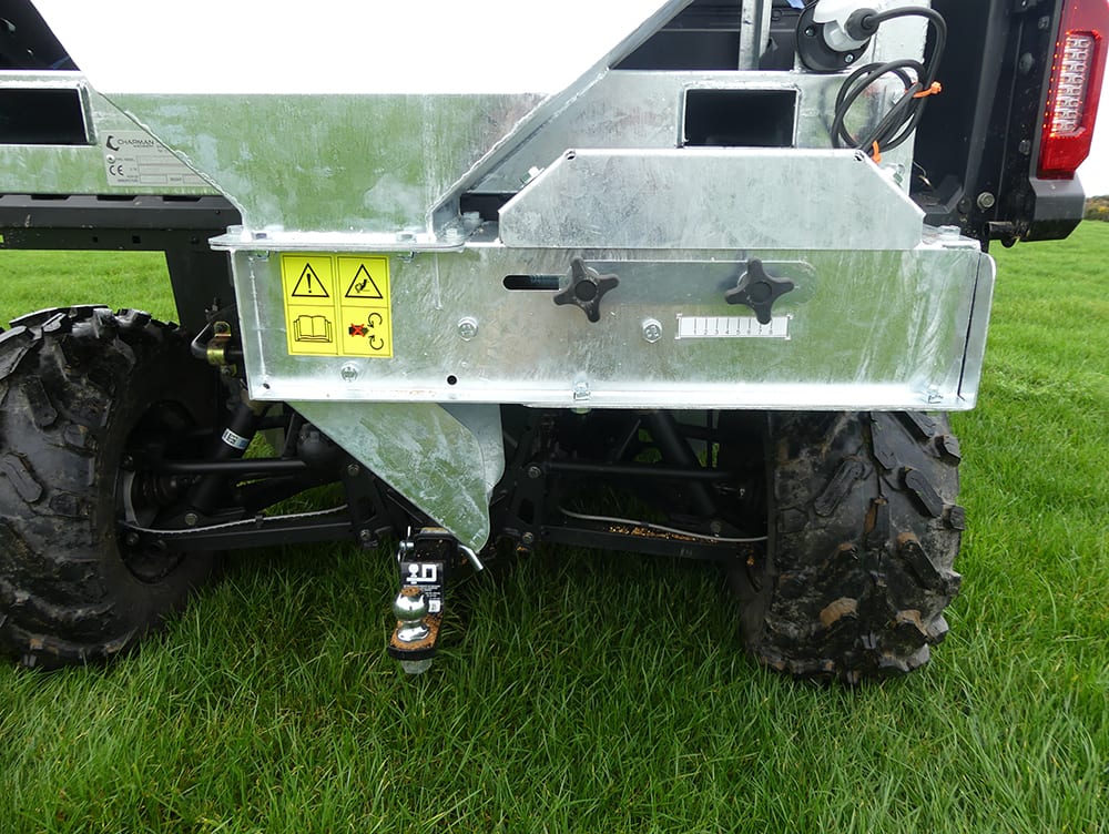 Chapman MF350 UTV Mounted Stock Feeder, 300L, galvanized metal housing, electric drive, digital counter.