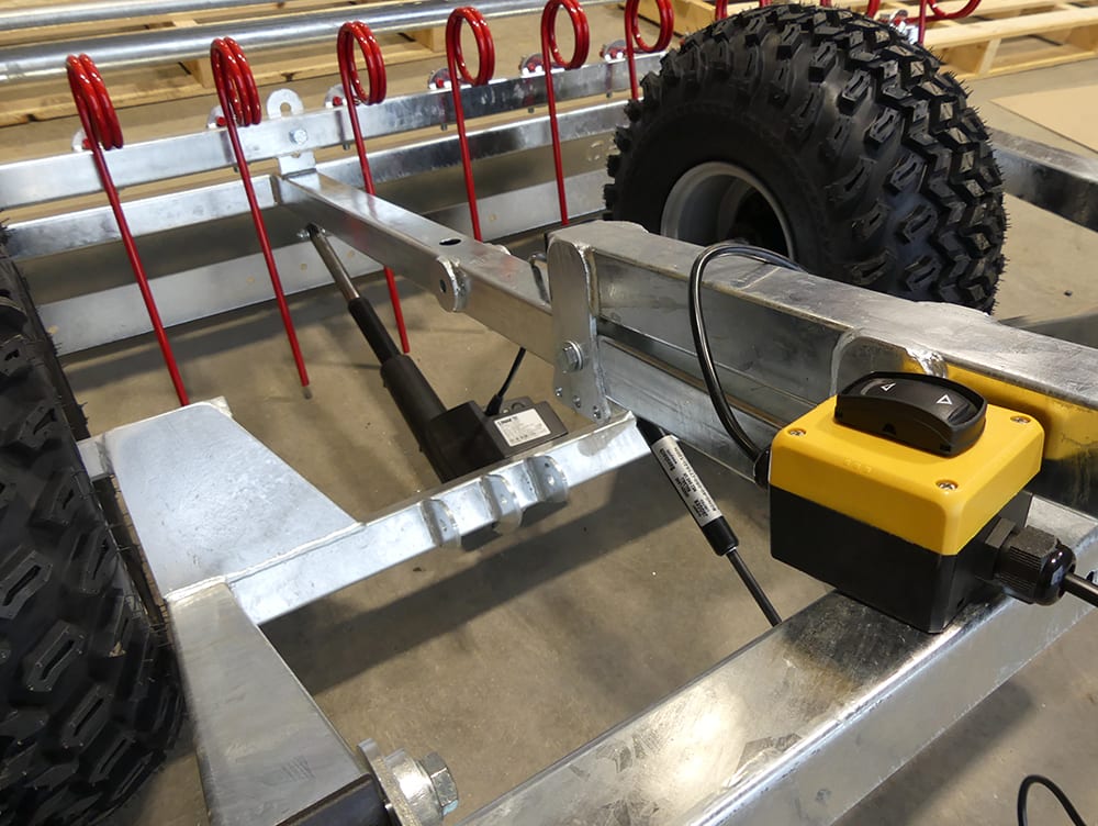 Chapman MG250 Arena Leveller; galvanised steel frame with yellow control box, 2.3m length