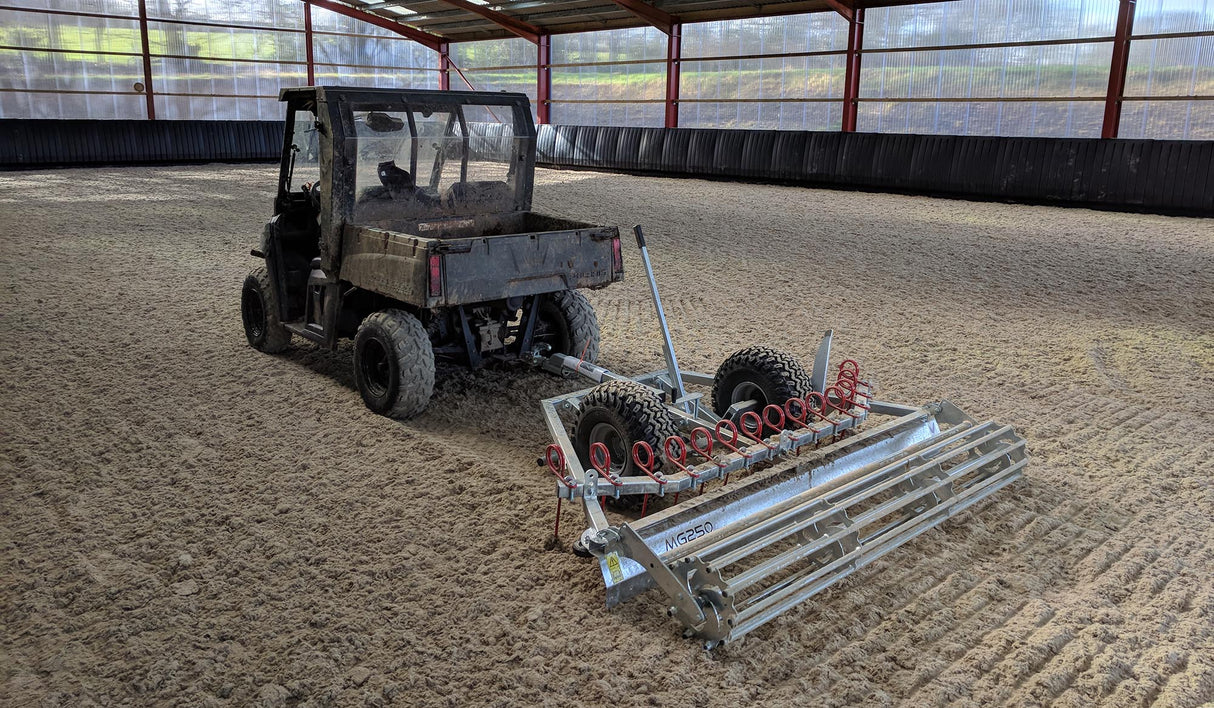 MG250 Arena Leveller 2.3m galvanised, towed or 3-point linkage, attached to a utility vehicle
