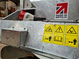 Chapman MGF350 mounted game feeder, galvanized metal body with yellow safety decals and Made in Britain label.
