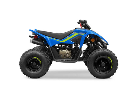 CFMOTO CForce 110 youth ATV in Baja Blue with a black chassis and neon green accents.