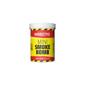 Insecto Mini Smoke Bomb 3.5g insect fogger by Lodi, yellow and red container; kills flying and crawling insects.
