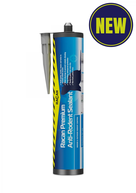Racan Premium Anti-Rodent Sealant cartridge for indoor/outdoor rodent proofing, blue label with yellow hazard stripes