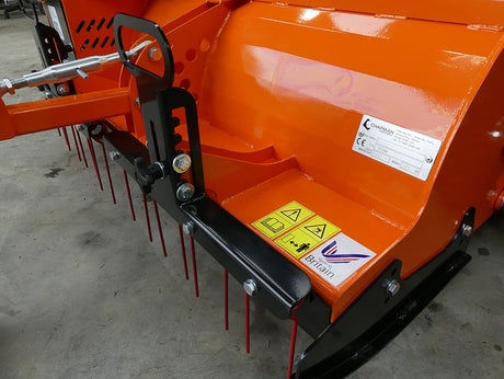 Chapman PC120 paddock cleaner, orange 1.2m 550L electric hopper, black frame and red tines.