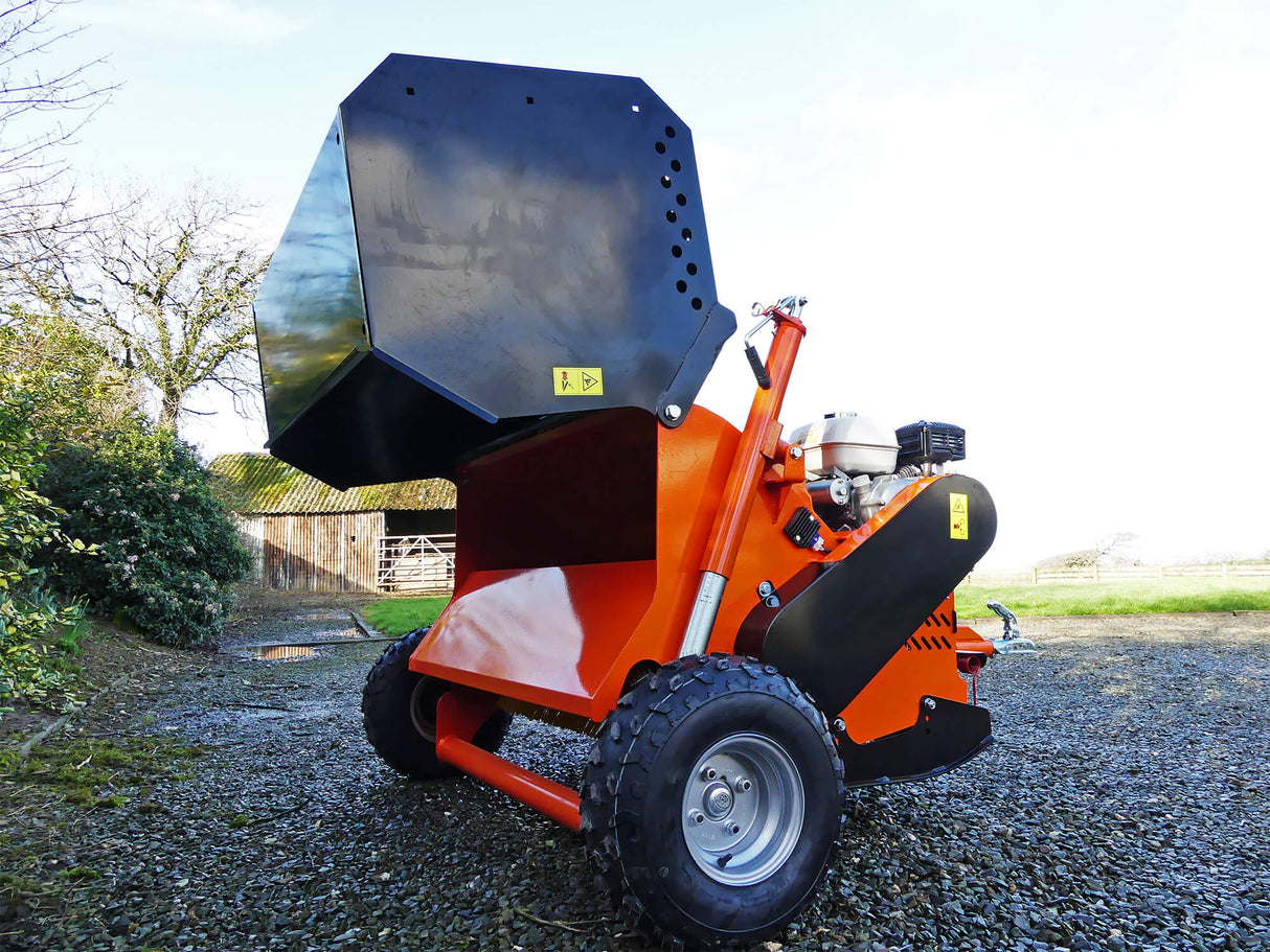 Chapman PC120 paddock cleaner with 1.2m, 550L electric hopper, Honda 6.5hp engine on orange chassis