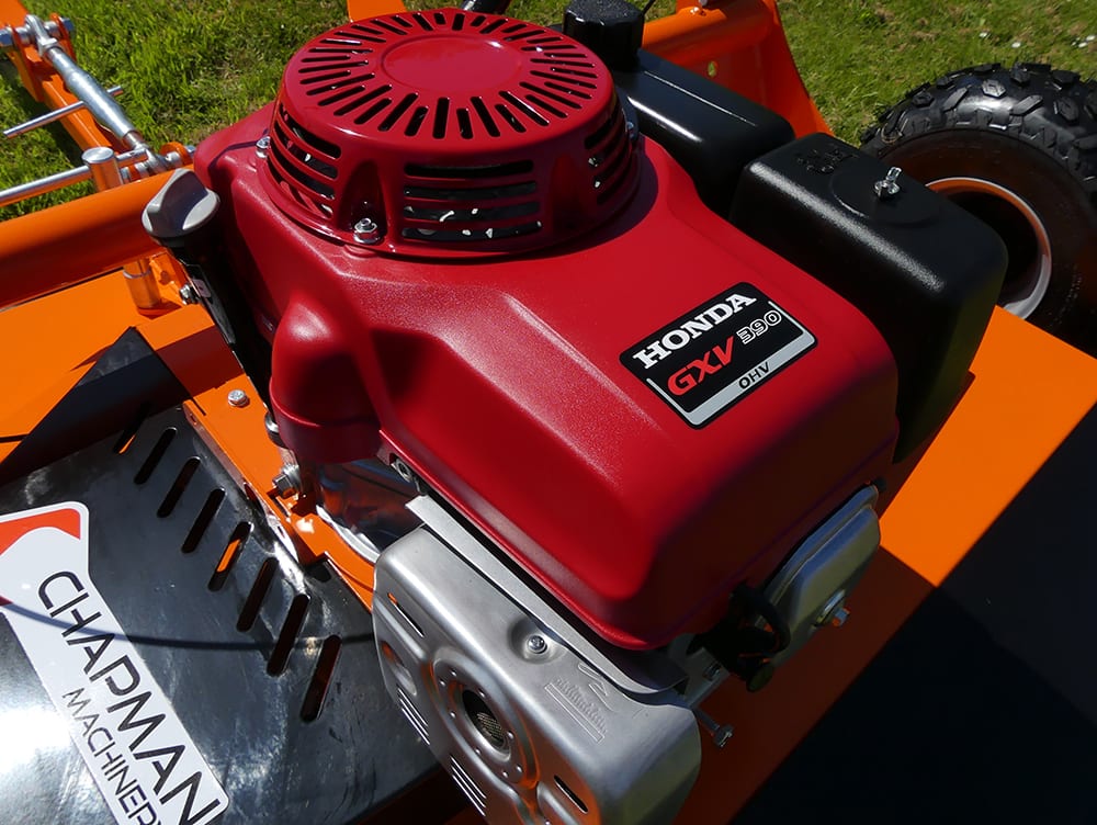 Chapman RM Series ATV Rotary Paddock Topper with red Honda 13hp engine mounted on orange mower deck